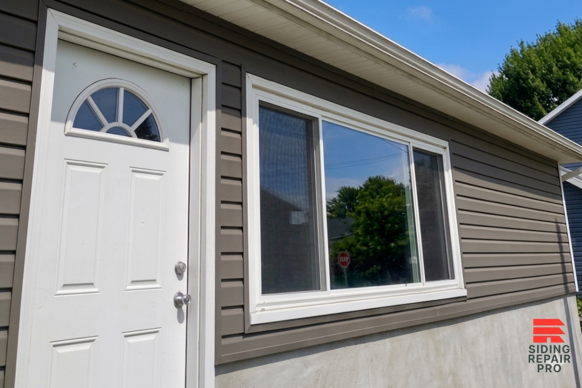 A construction worker installs light brown, wood-textured lap siding on a house using a pump jack scaffold, with XP38 siding underlayment visible on the unpainted wall sections.